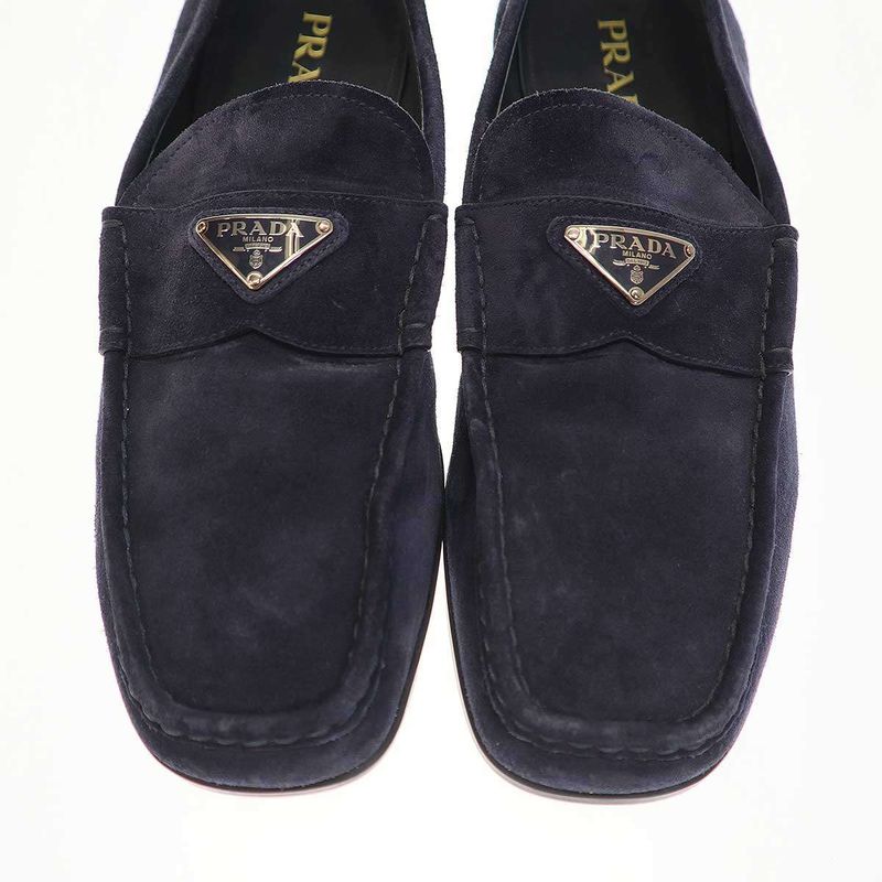 Prada Logo Plate Suede Leather Square Toe Loafer Shoes 2dc226 Navy 10