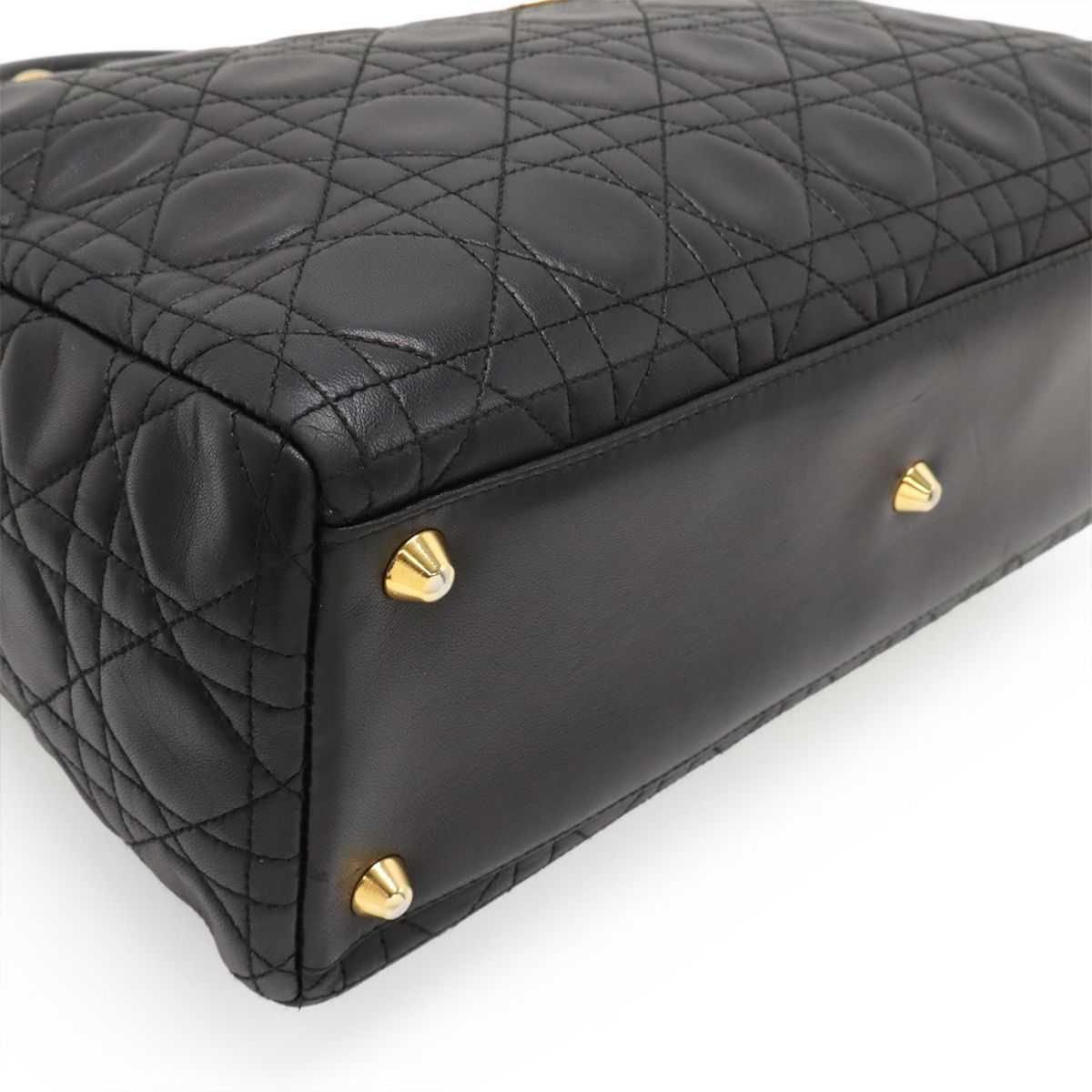 Christian DIOR Lady Dior Cannage Handbag Tote Bag Lambskin Black Black Gold