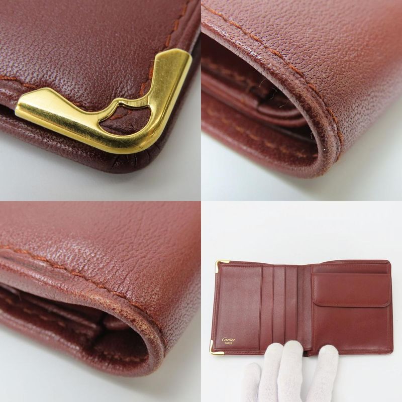 Cartier Bifold Wallet Mustline Calf Bordeaux Gold Hardware With Coin Purse For