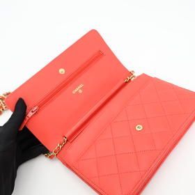 Chanel Chain Wallet Matelasse Lambskin Red Gold Hardware