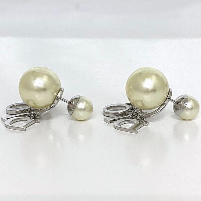 Christian Dior Logo Earrings Silver Pearl White Excellent Condition