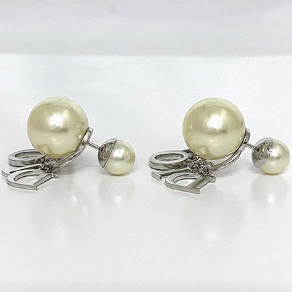 Christian Dior Logo Earrings Silver Pearl White Excellent Condition