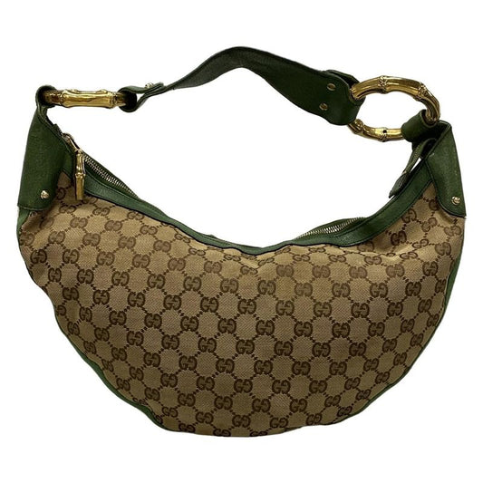 Gucci Shoulder Bag GG Patternbamboo 131036 Beige Dark Brown And Green Leather