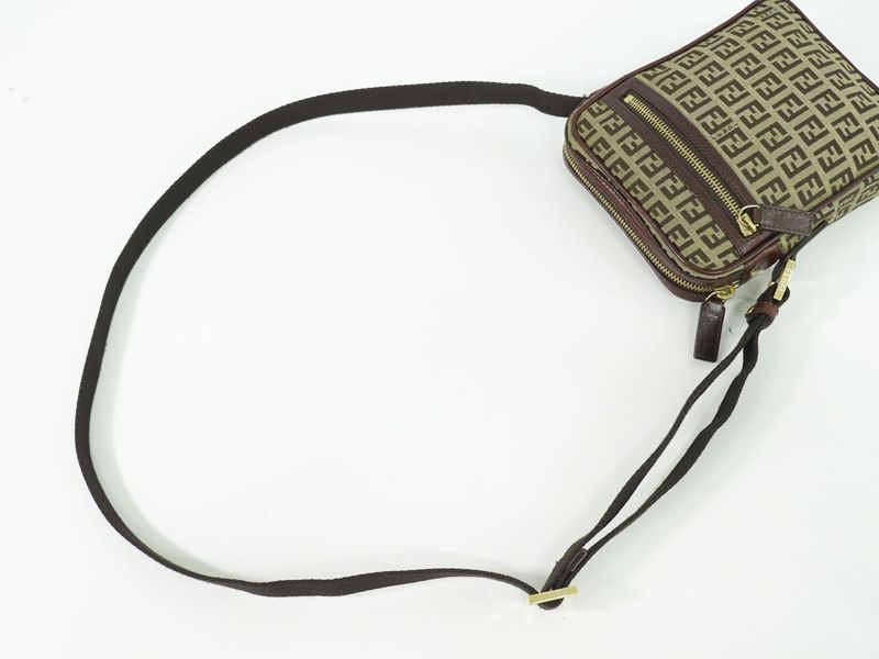 Authentic Fendi Zucchino Shoulder Bag Pochette Canvas Beige Brown 8bt098
