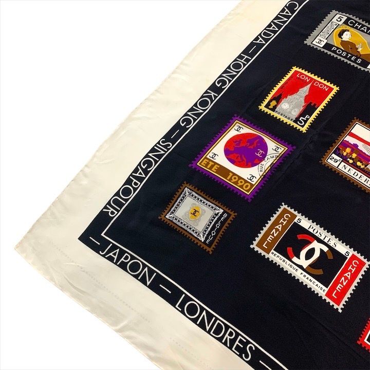 Chanel CC Logo Large Scarf Silk Worl Pattern Black Red White