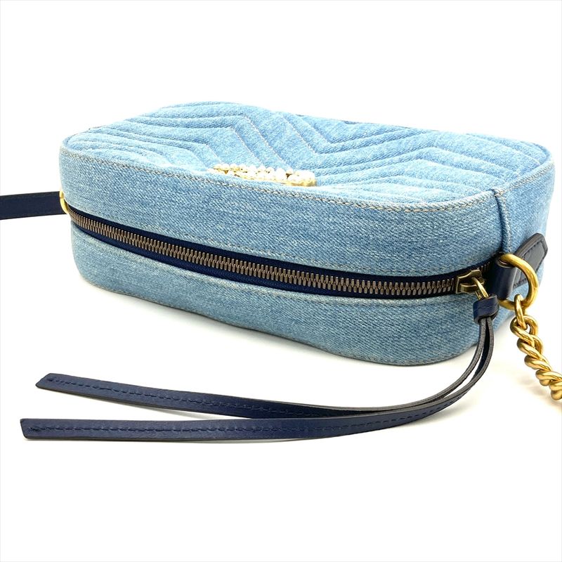 Gucci GG Marmont Quilted Shoulder Bag Denim 447632 Blue Faux Pearl Women