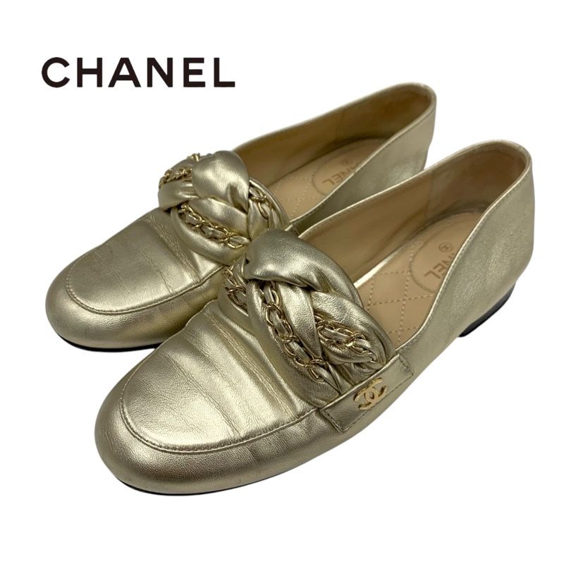 Chanel Loafers Shoes Leather Gold Flat Shoes Here Mark Chain