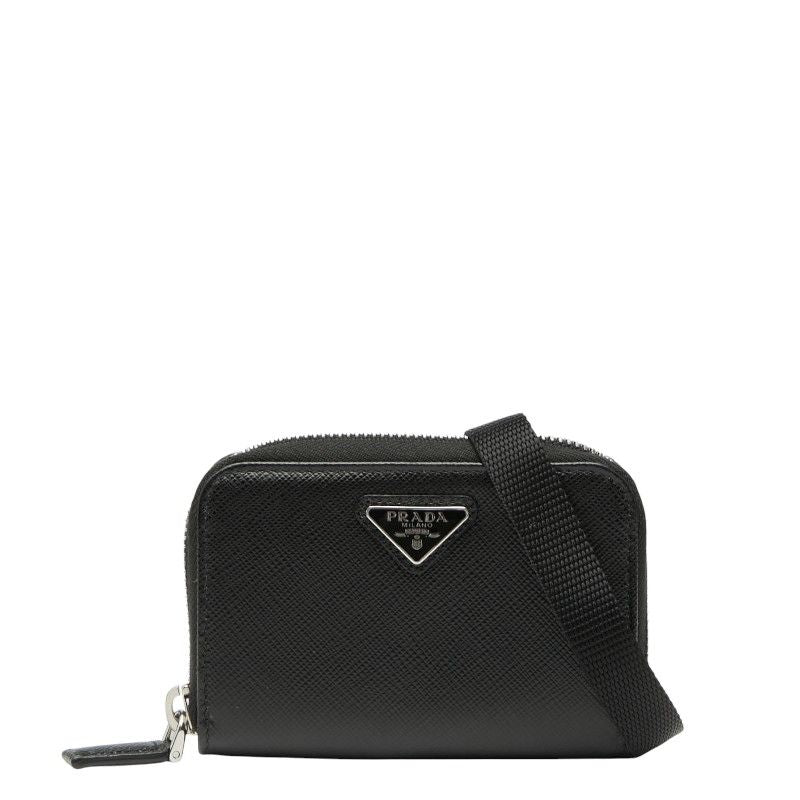 Prada Triangle Logo Plate Coin Case Card Case Shoulder Wallet Black Saffiano