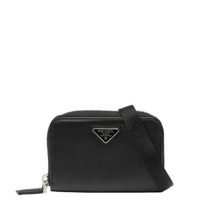 Prada Triangle Logo Plate Coin Case Card Case Shoulder Wallet Black Saffiano