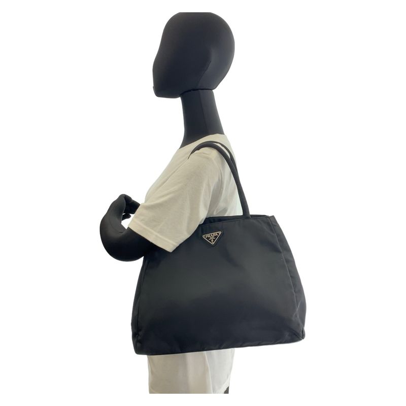 Prada Tessuto Triangle Logo Plate Black Silver Hardware Nylon Tote Bag Shoulder