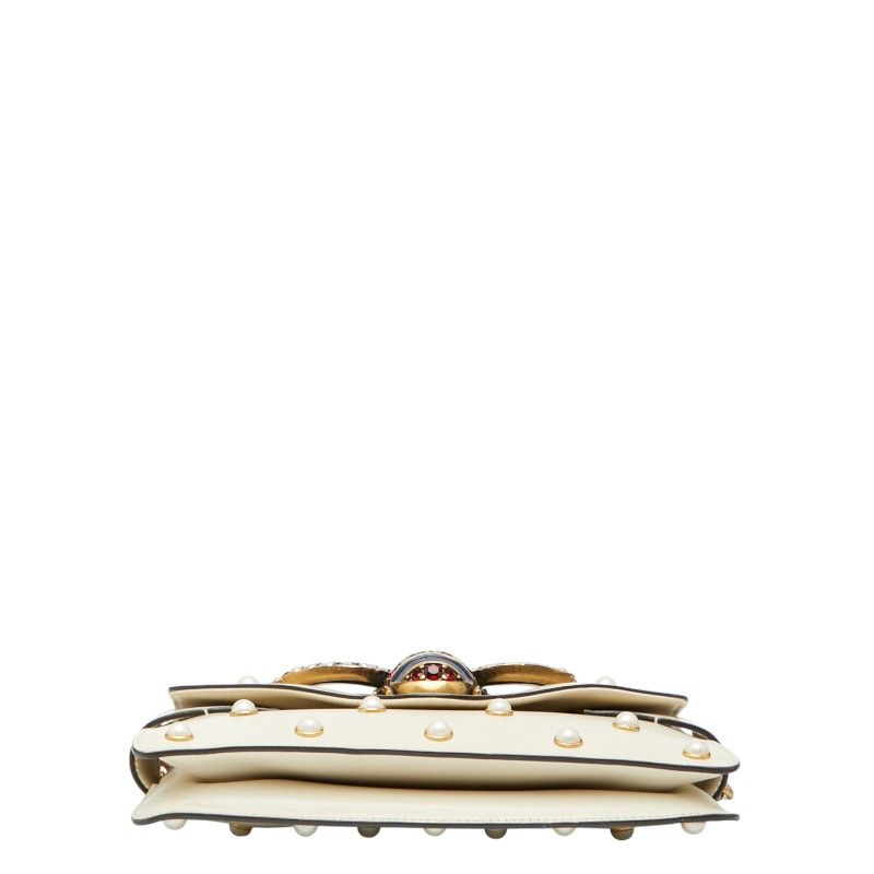 Gucci Broadway Pearl And Bee Chain Shoulder Bag 2WAY 453778 White Gold Leather