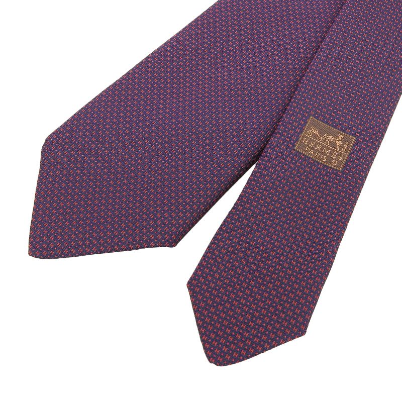 Hermes 659098t 100% Silk H Pattern All Over Tie Navy Red With Box Made In