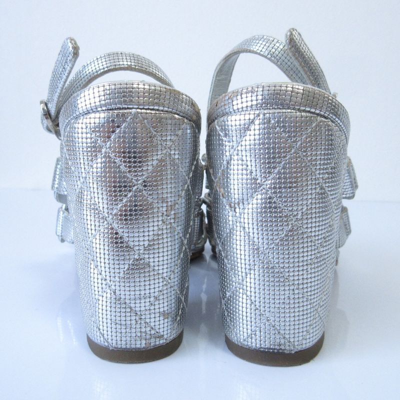 Good Chanel Chunky Heel Metallic Cles Zers Ring Back Sandals 35.5c Equivalent