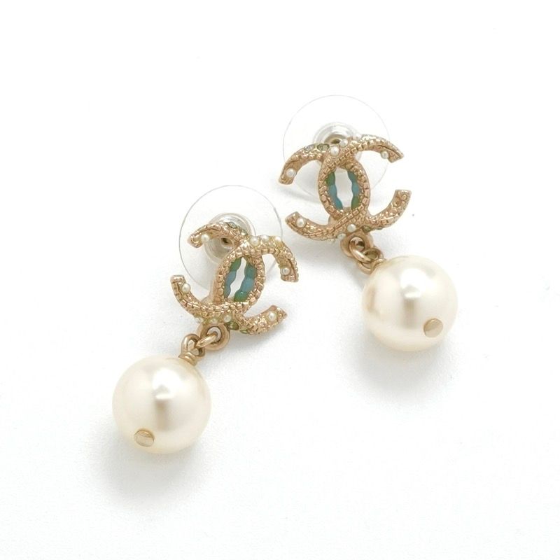 Chanel Earrings Coco Mark Rhinestone Pearl Gold