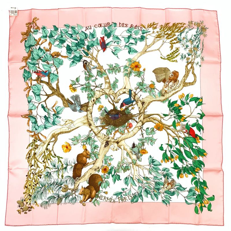 Hermes Carre 90 AU Coeur DES BOIS In The Woods Pink 100% Silk