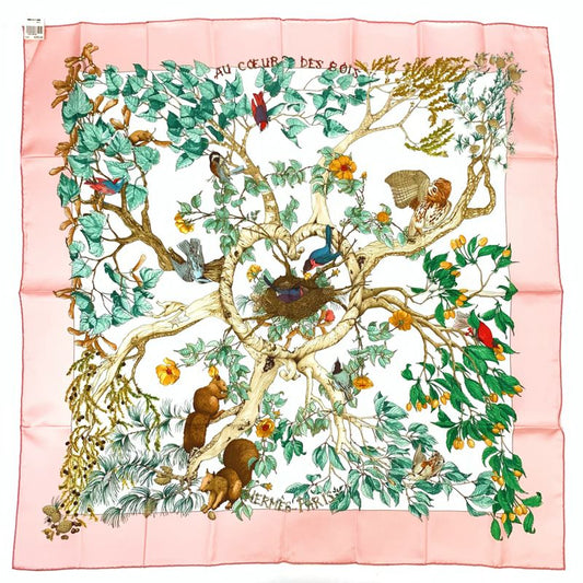 Hermes Carre 90 AU Coeur DES BOIS In The Woods Pink 100% Silk