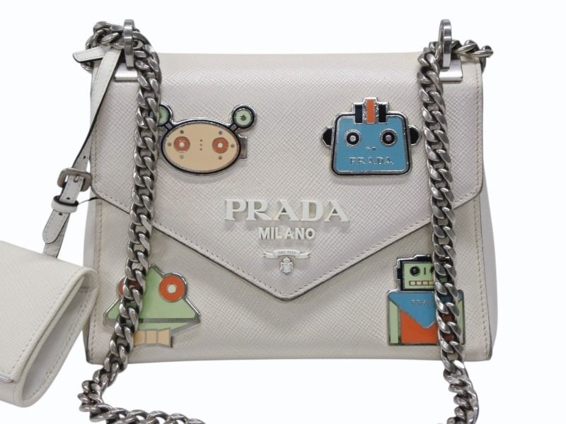 Prada Robot Monochrome Chain Shoulder Bag Saffiano Leather Ivory Silver — view 2