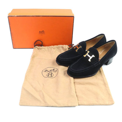 Hermes Gold Hardware With H Logo Hardware Chunky Heel Suede Leather Loafers