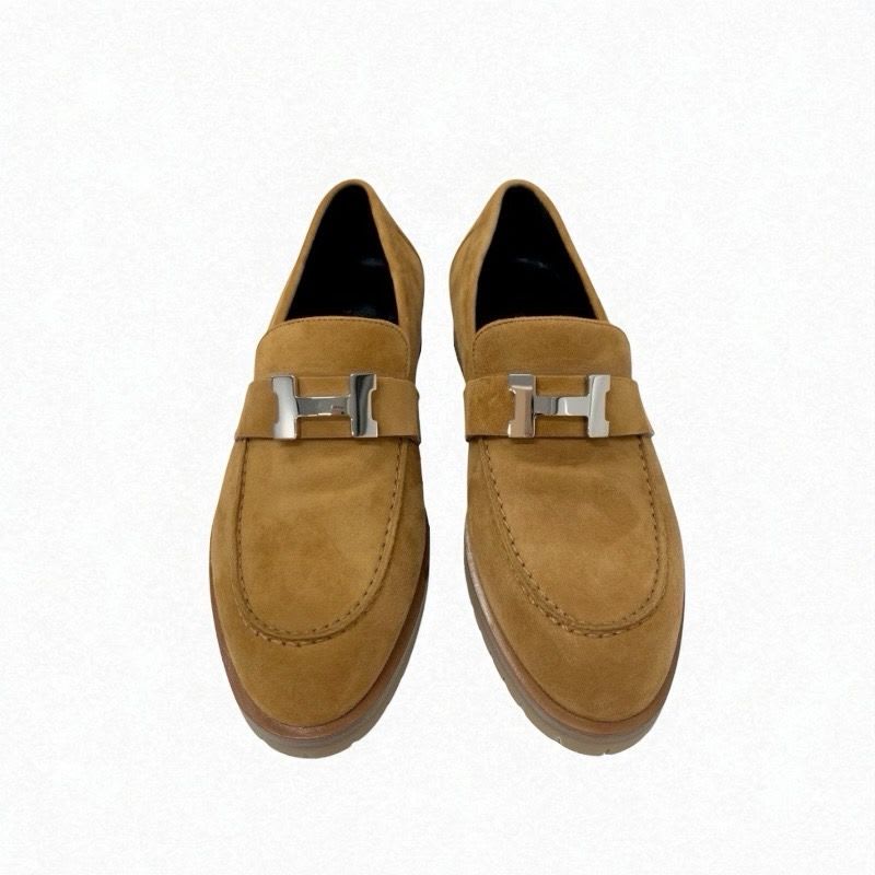 Hermes Faubourg Loafer Leather Shoes Suede Brown Silver Hhardware Moccasin Flat