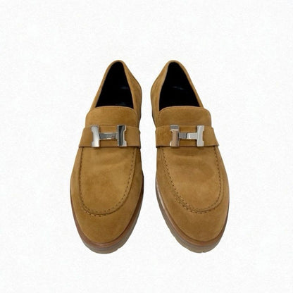 Hermes Faubourg Loafer Leather Shoes Suede Brown Silver Hhardware Moccasin Flat