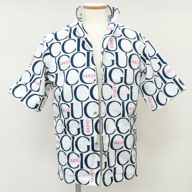 Gucci Maxi Gucci Print Fabric Shirt 790723 Short Sleeve 44 White Blue