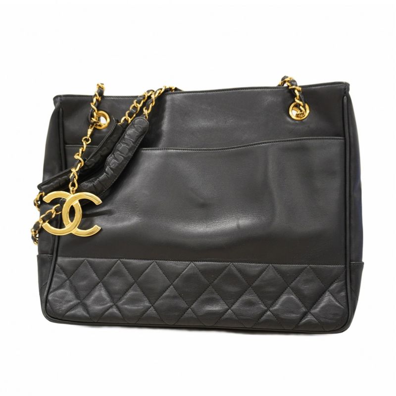 Chanel Shoulder Bag Matelasse Lambskin Black Gold Hardware Women