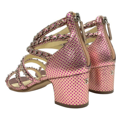 Chanel Sandals Shoes Leather Pink Silver Coco Mark Chain Dot Metallic
