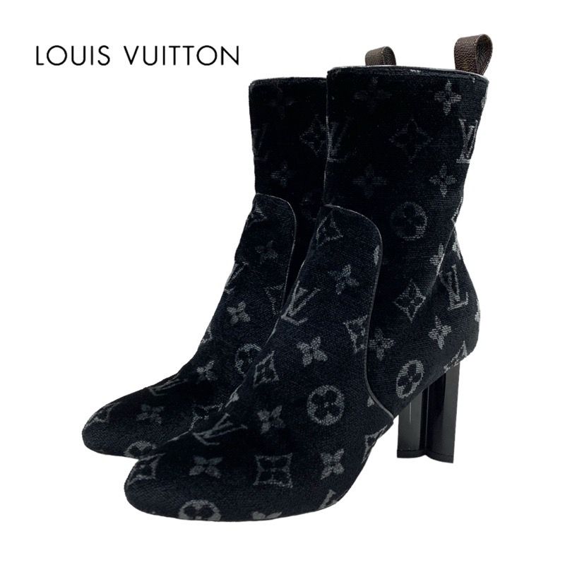 Louis Vuitton Silhouette Line Boots Short Boots Shoes Velor Black Monogram