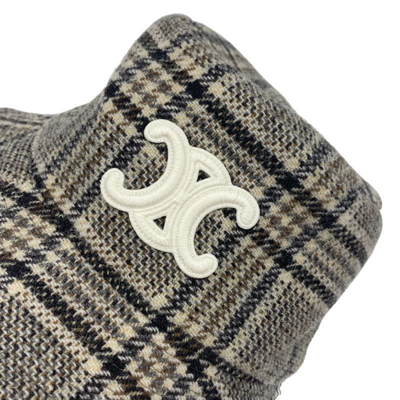 Celine Hat Wool Cotton Brown Triomphe Logo Check Bucket