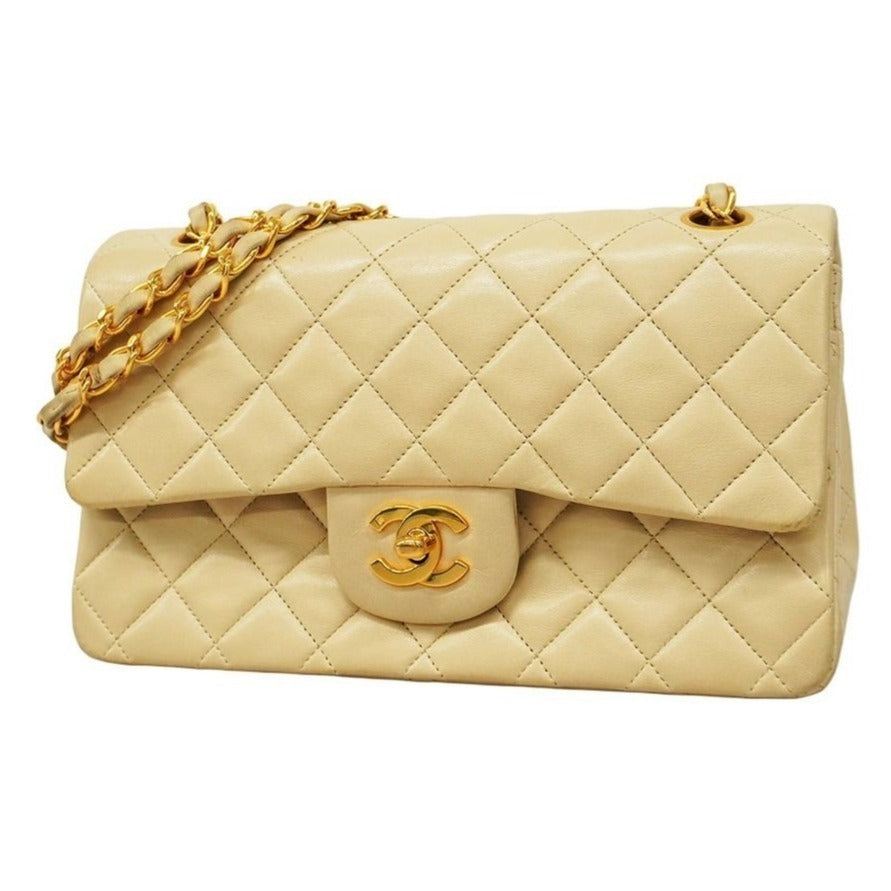 CHANEL Classic Double Flap Bag Beige Lambskin Chain Shoulder Purse