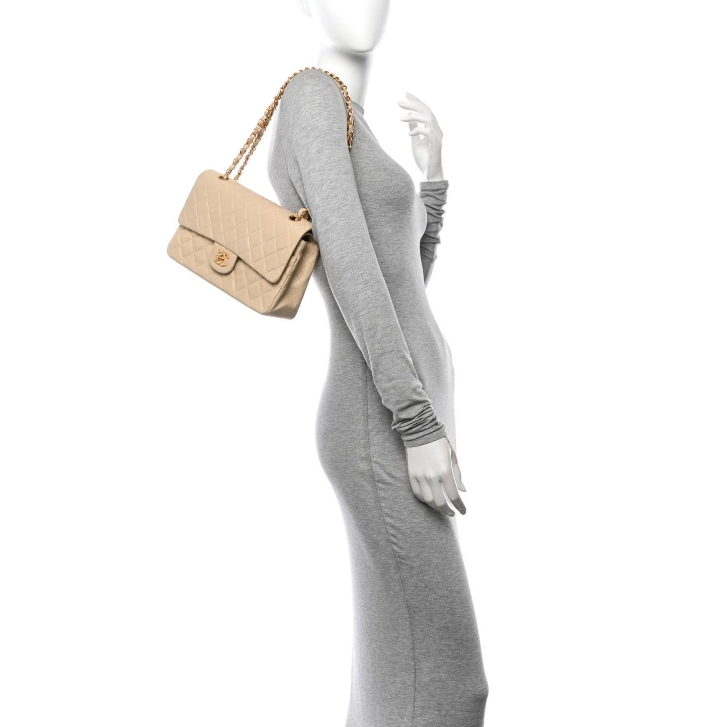 CHANEL Classic Double Flap Bag Beige Lambskin Chain Shoulder Purse