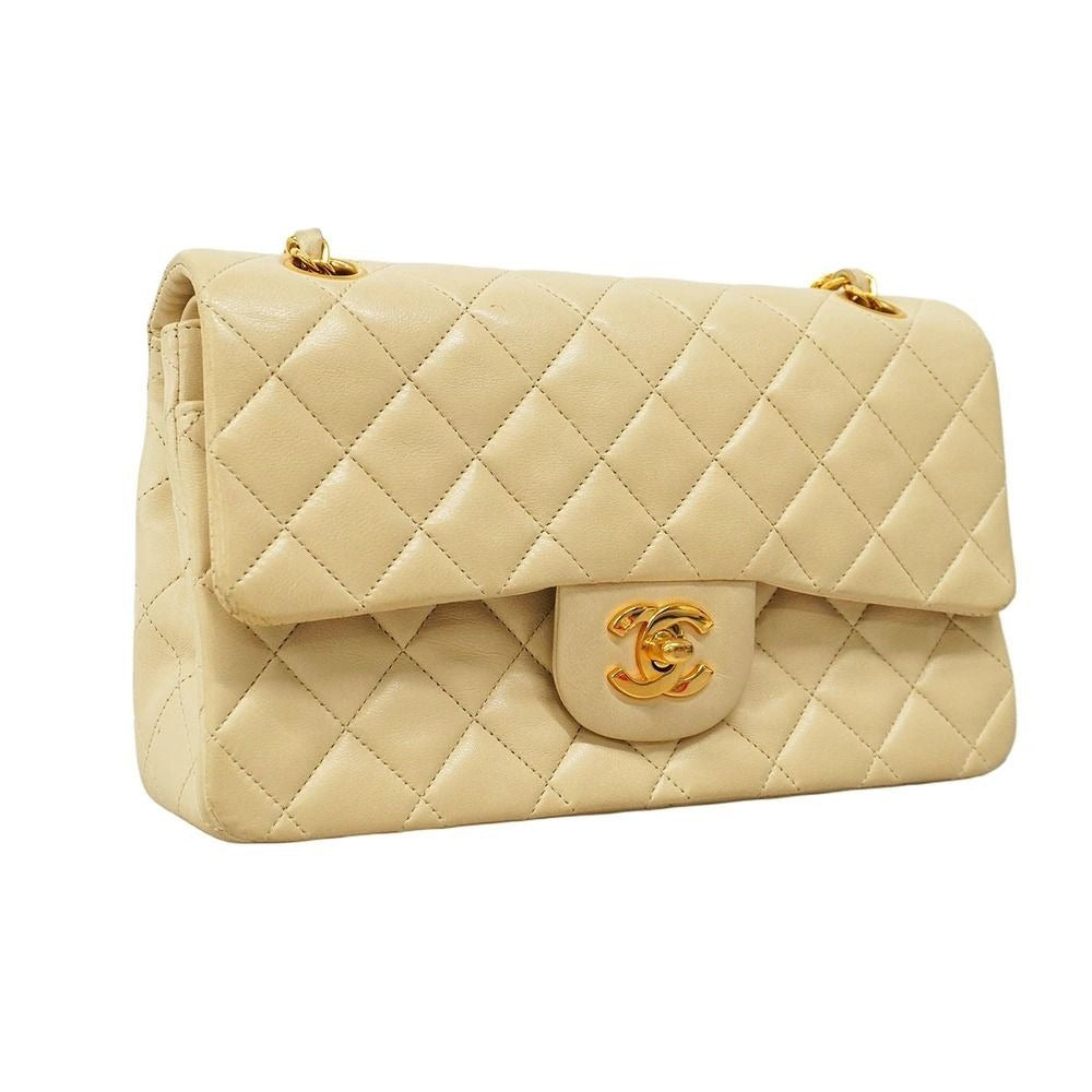 CHANEL Classic Double Flap Bag Beige Lambskin Chain Shoulder Purse