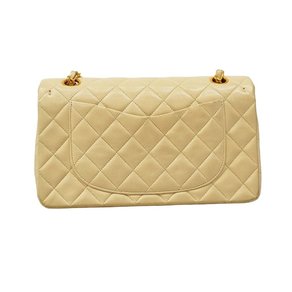CHANEL Classic Double Flap Bag Beige Lambskin Chain Shoulder Purse