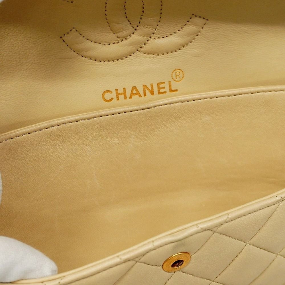 CHANEL Classic Double Flap Bag Beige Lambskin Chain Shoulder Purse