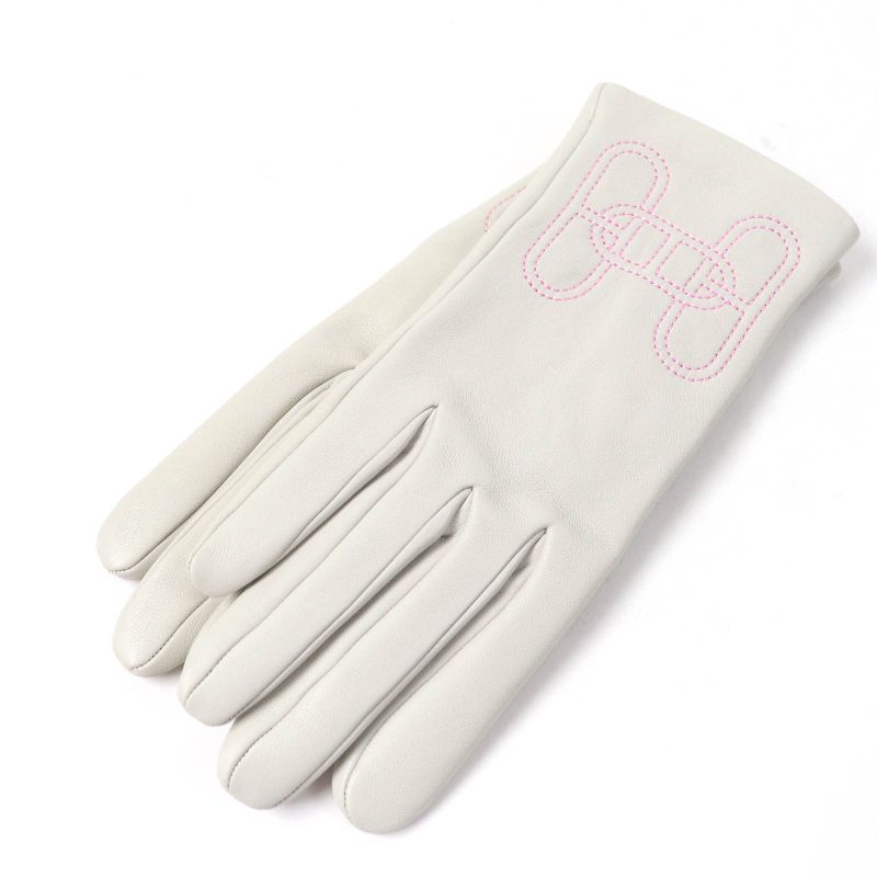 Hermes Lamb Leather Lined 100% Silk Chaine D'ancre H Motif Gloves Light Gray