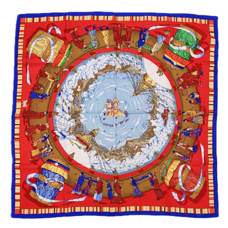 Hermes Carre 90 Prieres AU VENT Prayer In The Wind Silk Scarf Red X Blue