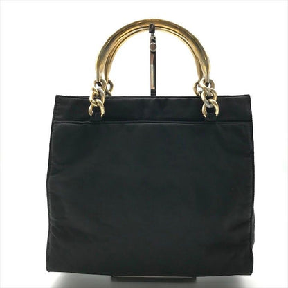 Prada Nylon Tessuto Metal Handle Hand Bag Black Bag