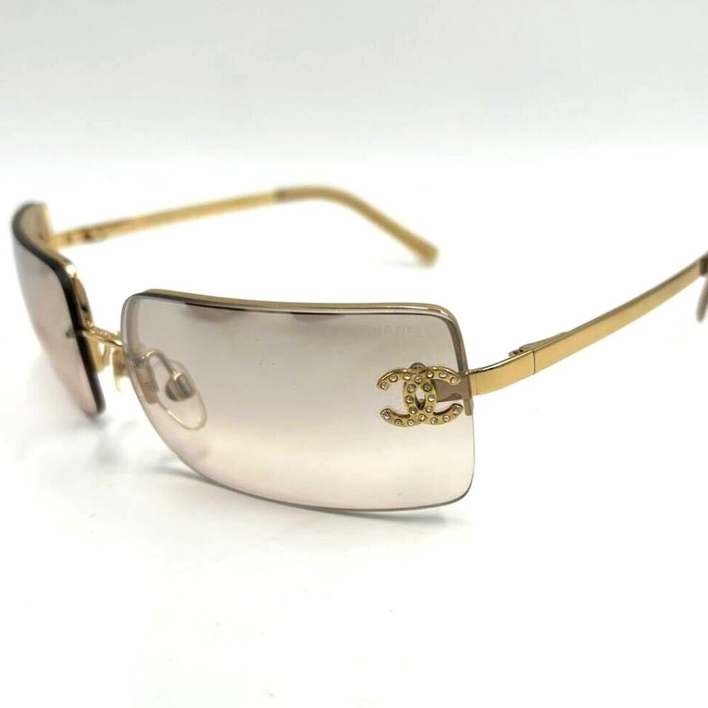 Chanel Vintage Sunglasses Rhinestone CC Logo Rimless Gradient Gold Y2K