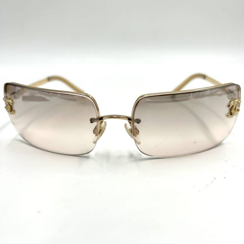 Chanel Vintage Sunglasses Rhinestone CC Logo Rimless Gradient Gold Y2K