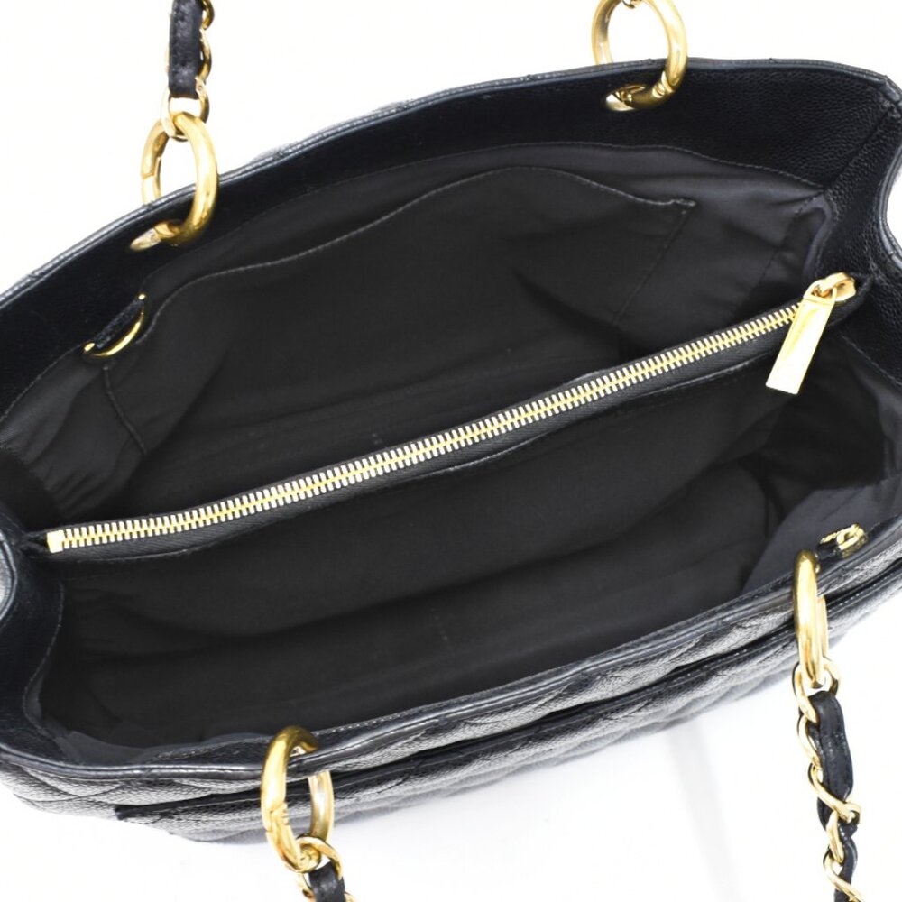 Authentic Chanel Gst Caviar Grand Shopping Tote Quilted Shoulder Bag Black Chain