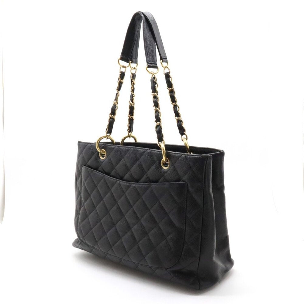 Authentic Chanel Gst Caviar Grand Shopping Tote Quilted Shoulder Bag Black Chain