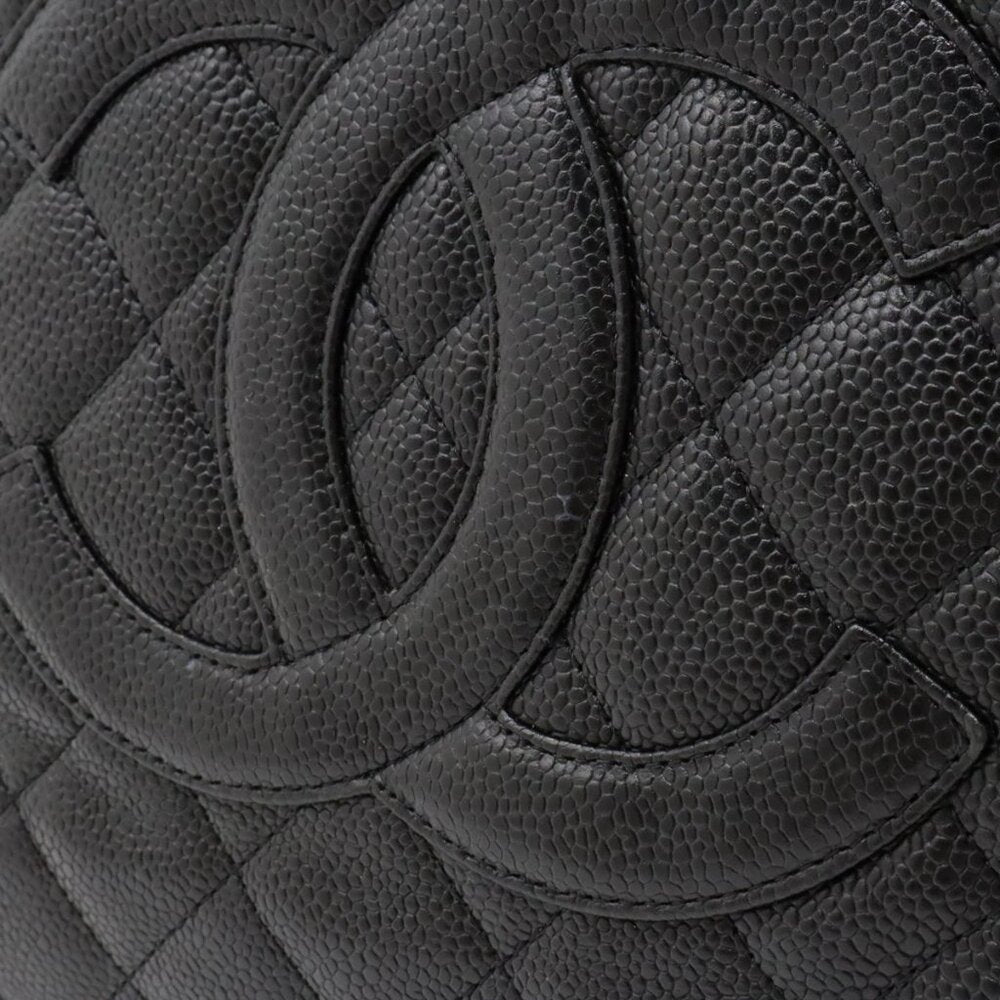 Authentic Chanel Gst Caviar Grand Shopping Tote Quilted Shoulder Bag Black Chain