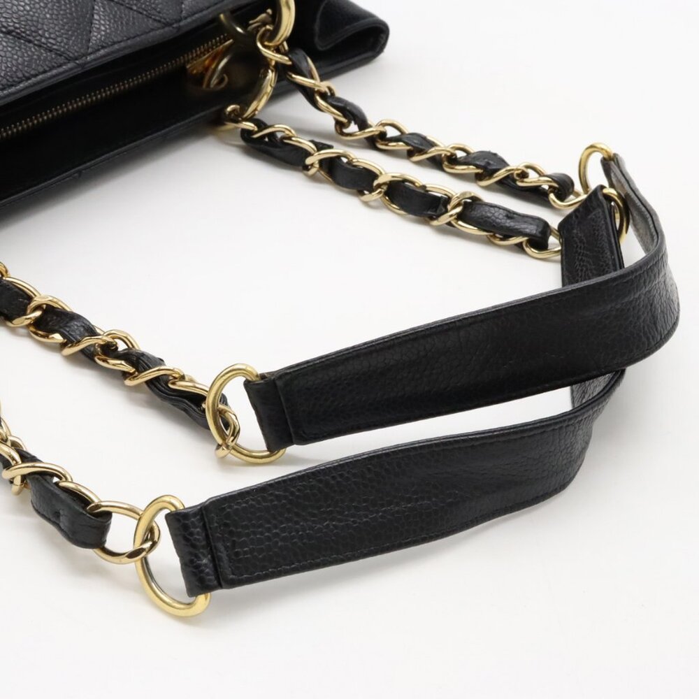 Authentic Chanel Gst Caviar Grand Shopping Tote Quilted Shoulder Bag Black Chain