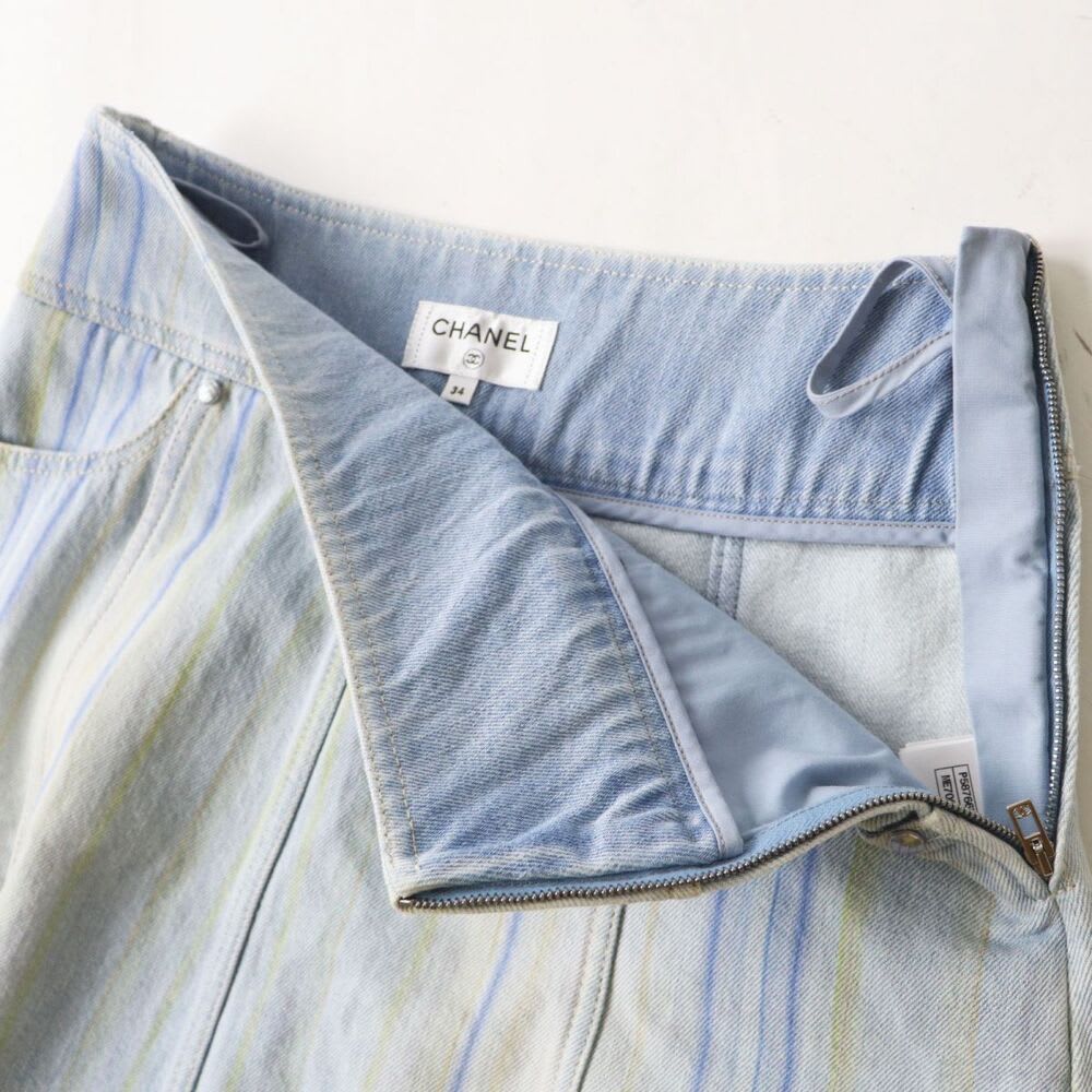 Chanel Vintage Denim Striped Mini Skirt Light Blue Y2 K 34