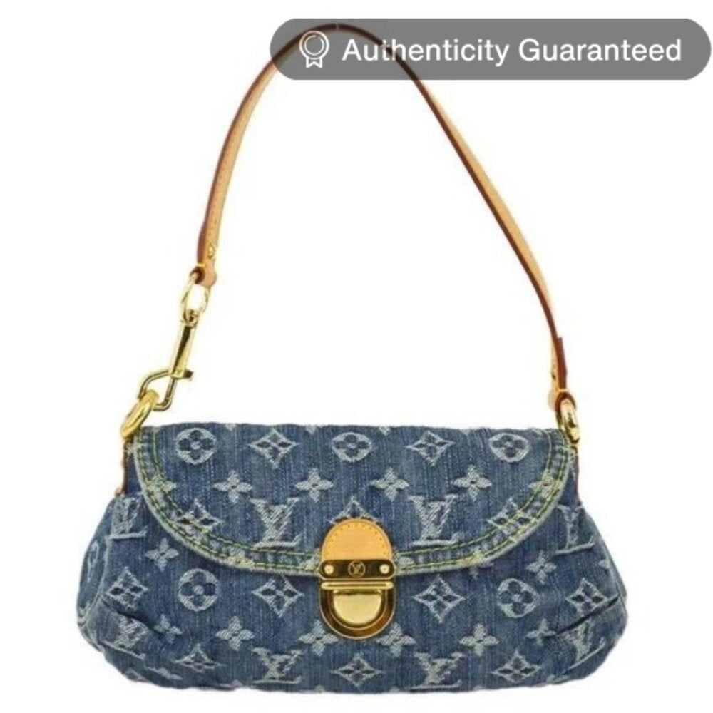 Authentic Louis Vuitton Denim Mini Pleaty Vintage Pouch Pochette Bag Monogram LV