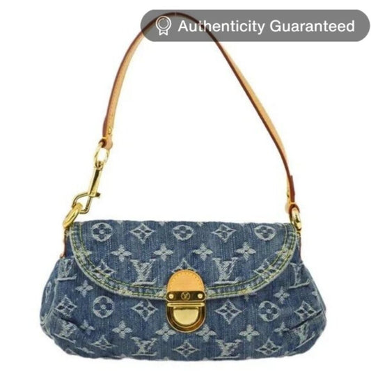 Authentic Louis Vuitton Denim Mini Pleaty Vintage Pouch Pochette Bag Monogram LV