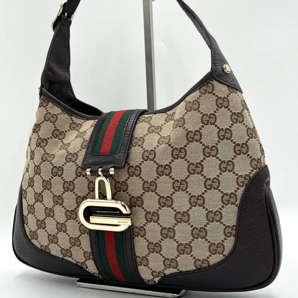Gucci GG Jackie Sherry Web Canvas Handbag Shoulder Bag Charm Ophidia