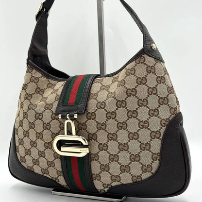 Gucci GG Jackie Sherry Web Canvas Handbag Shoulder Bag Charm Ophidia