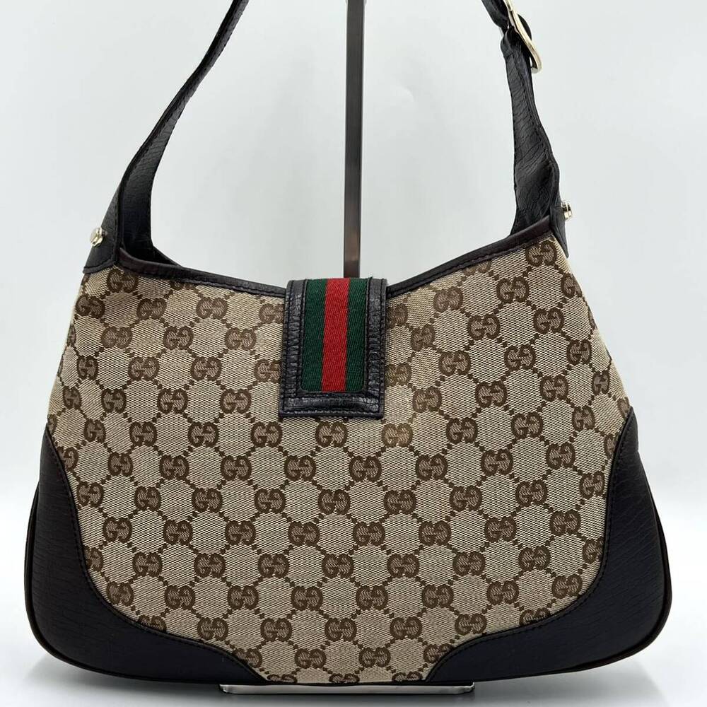 Authentic GUCCI GG Jackie Sherry Web Canvas Handbag Shoulder Bag Charm Ophidia