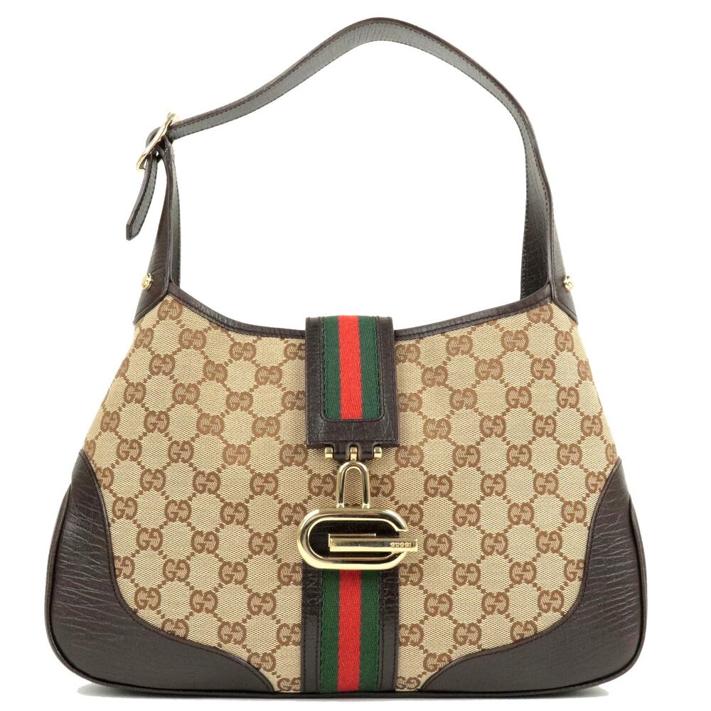 Authentic GUCCI GG Jackie Sherry Web Canvas Handbag Shoulder Bag Charm Ophidia